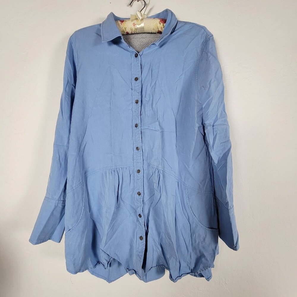 Soft Surroundings Womens Blue Long Sleeve Button-Down Tunic Top XL Tencel Casual